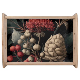 Red Berries and Exotic Seed Pods on Black Serving Tray
