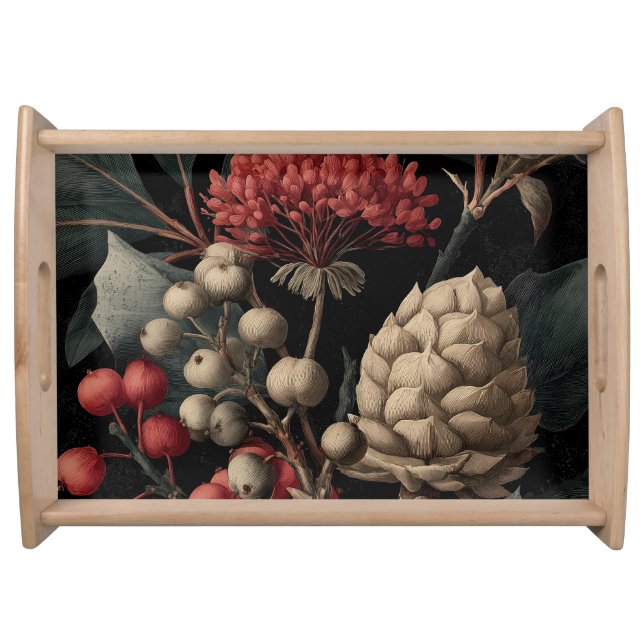 Red Berries and Exotic Seed Pods on Black Serving Tray (Front)