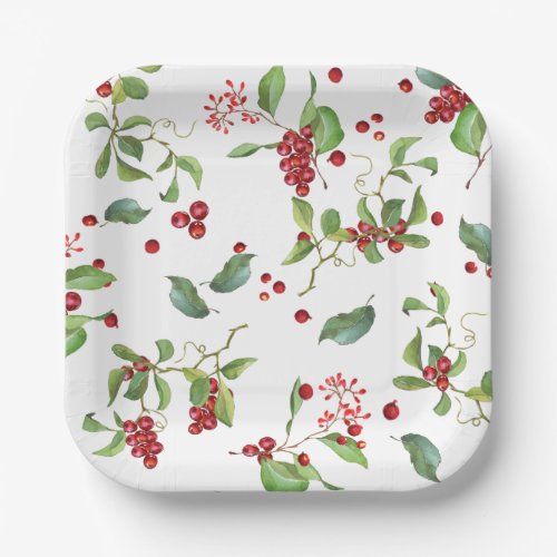 Red Berries and Foliage Christmas Paper Plates