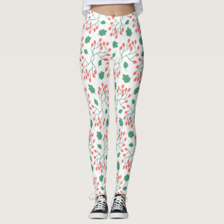 Red berries and green leaves pattern leggings