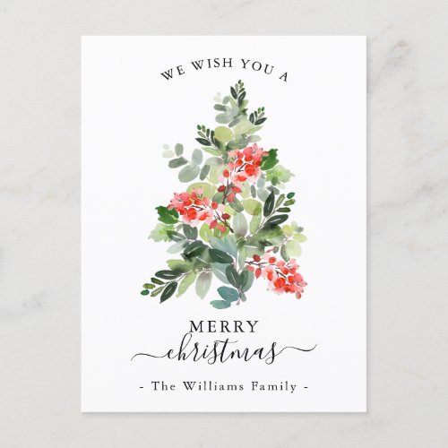 Red Berries and Holly Xmas Tree Merry Christmas Holiday Postcard