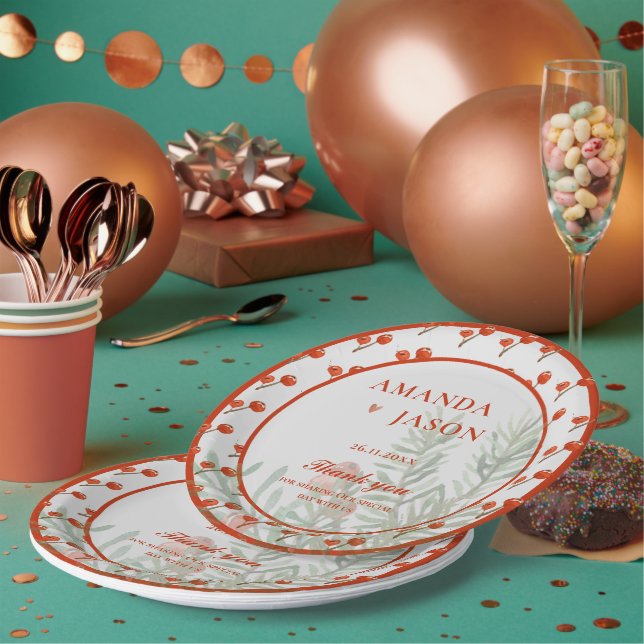  Red Berries And Leaves Festive Christmas wedding Paper Plates (Multi)