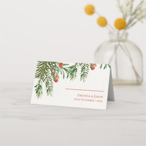 Red Berries And Leaves Festive Christmas Wedding Place Card