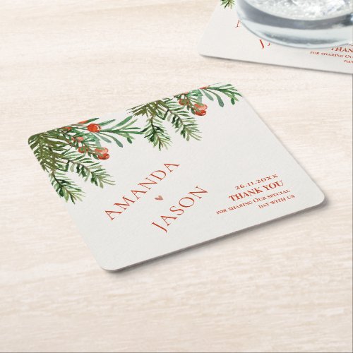  Red Berries And Leaves Festive Christmas wedding Square Paper Coaster