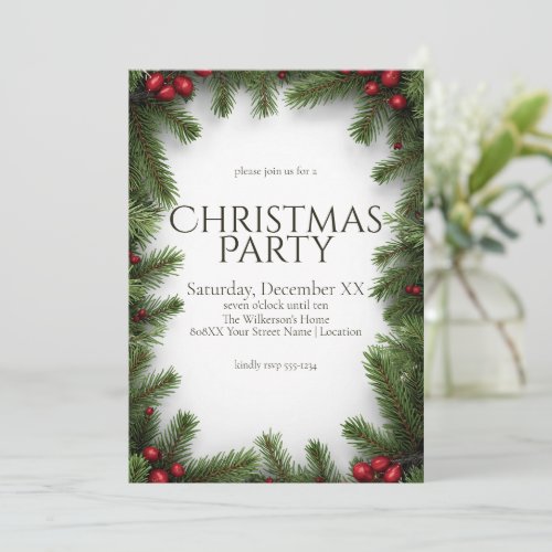 Red Berries and Pine Christmas Party Invitation