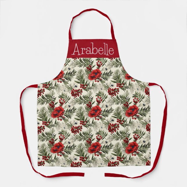 Red Berries and Pine Leaves Kitchen Design Apron (Front)