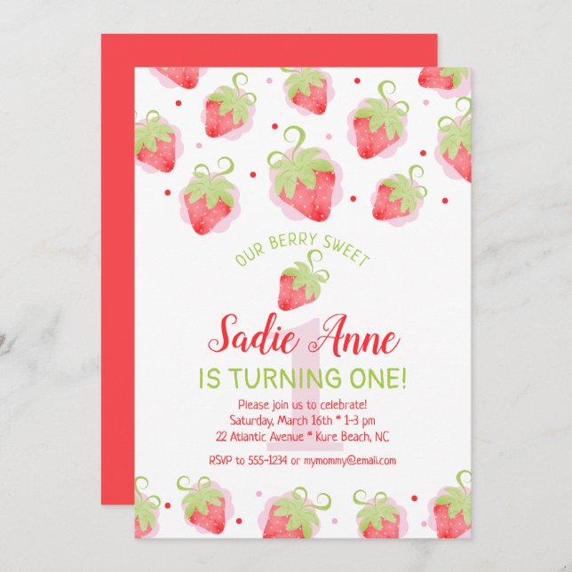 Red Berries Berry Sweet Strawberry Birthday Invitation (Front/Back)