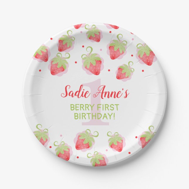 Red Berries Berry Sweet Strawberry Birthday Paper Plates (Front)