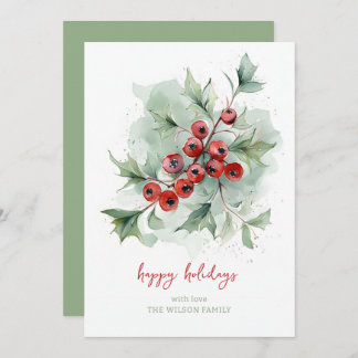 Red Berries Botanical Watercolor Christmas Holiday Card