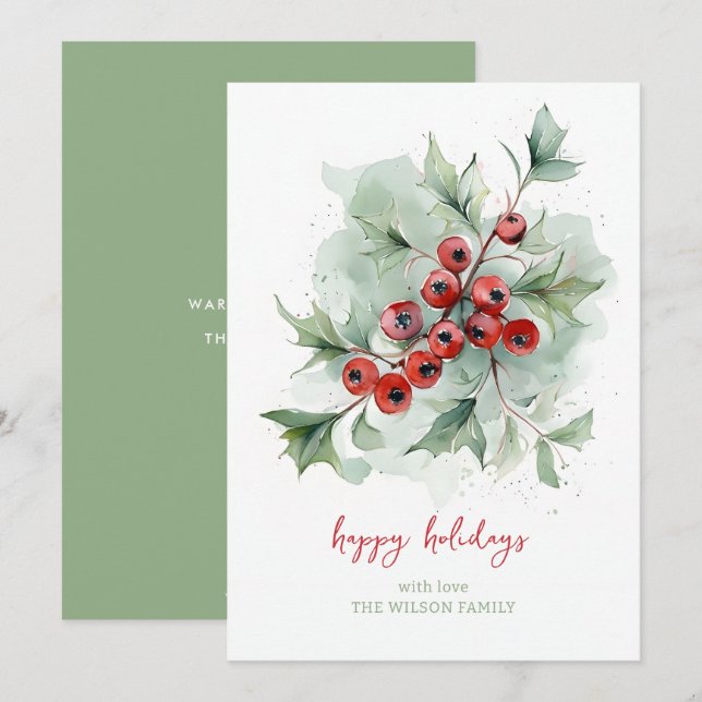 Red Berries Botanical Watercolor Christmas Holiday Card (Front/Back)