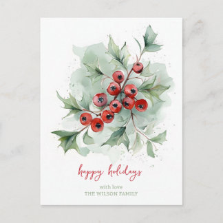 Red Berries Botanical Watercolor Christmas Holiday Postcard