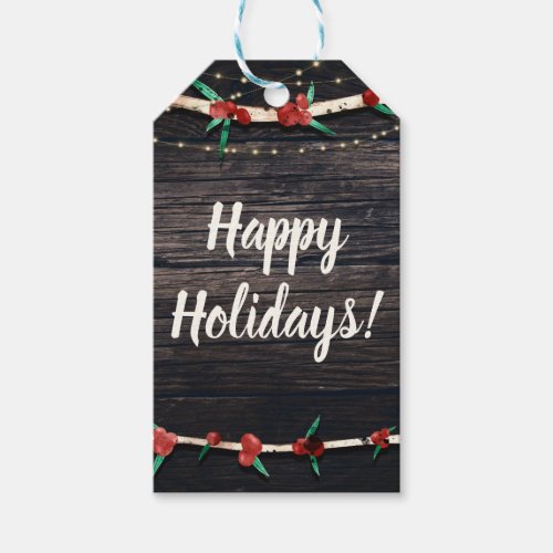 Red Berries Branches  Lights Rustic Holiday Party Gift Tags