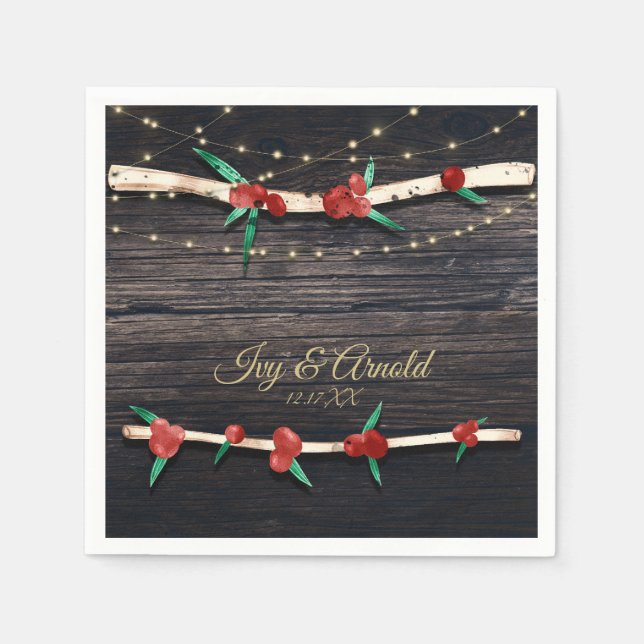 Red Berries Branches & Lights Rustic Holiday Party Napkins (Front)