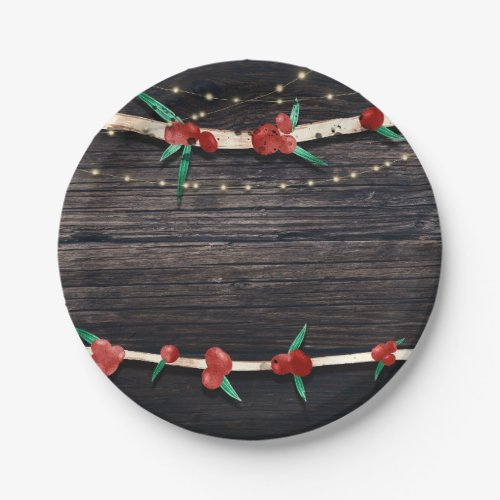 Red Berries Branches  Lights Rustic Holiday Party Paper Plates