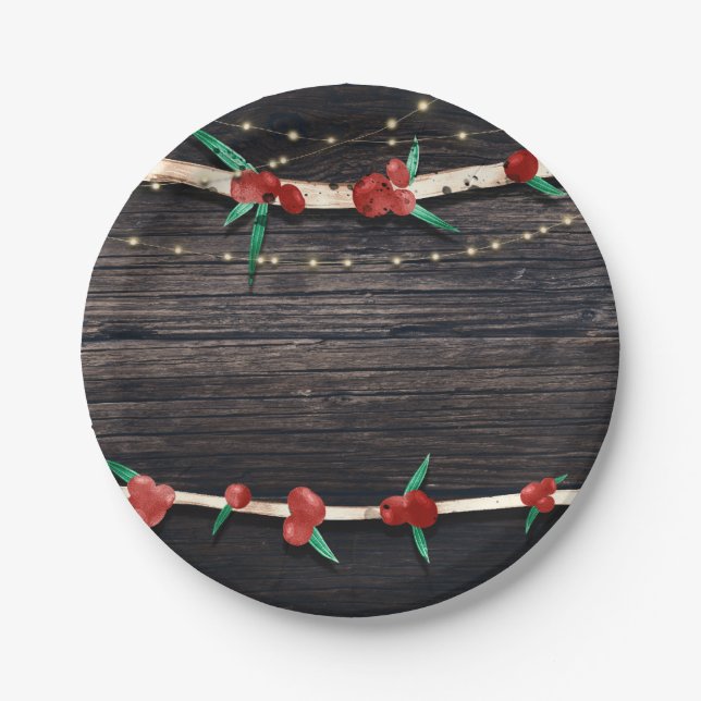 Red Berries Branches & Lights Rustic Holiday Party Paper Plates (Front)