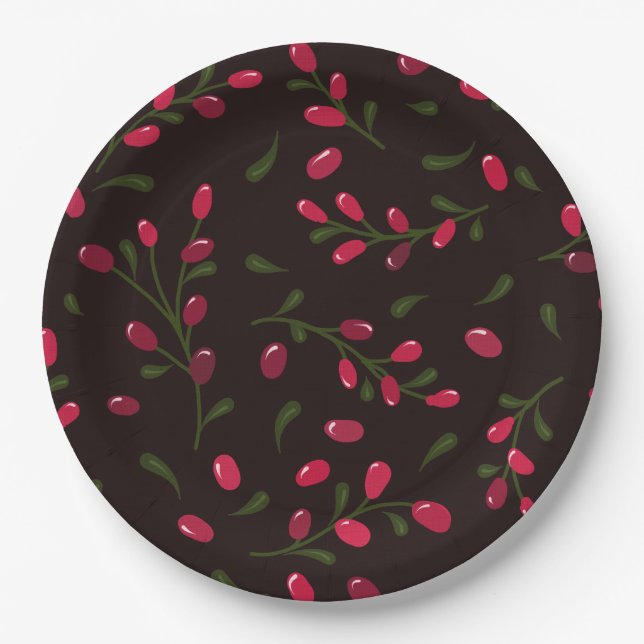 Red Berries Branches Lovely Paper Plates (Front)
