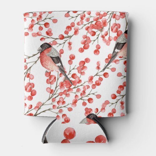 Red Berries Bullfinches Watercolor Pattern Can Cooler