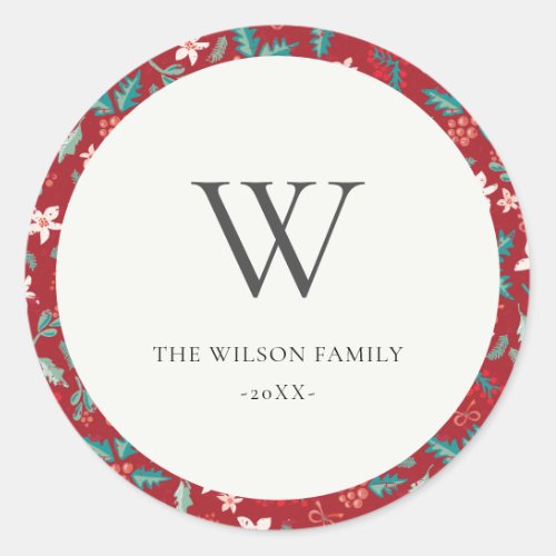 Red Berries Christmas Floral Pattern Monogram Classic Round Sticker