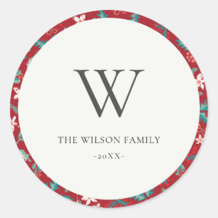 Red Berries Christmas Floral Pattern Monogram Classic Round Sticker