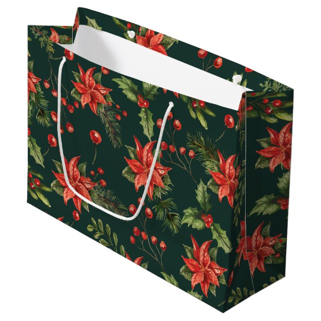 Red Berries Christmas Holiday Floral Large Gift Bag (Front Angled)