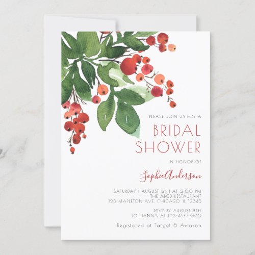 Red Berries Christmas Holiday Holly Bridal Shower Invitation