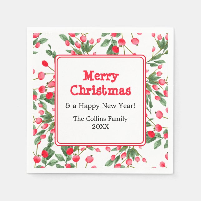 Red Berries | Custom Greeting | Merry Christmas Napkins (Front)