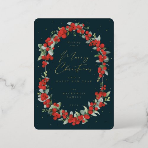 Red Berries  Eucalyptus Botanical Frame Christmas Foil Holiday Card