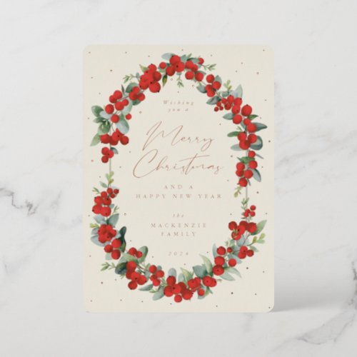 Red Berries  Eucalyptus Botanical Frame Christmas Foil Holiday Card