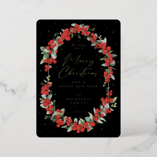 Red Berries  Eucalyptus Botanical Frame Christmas Foil Holiday Card