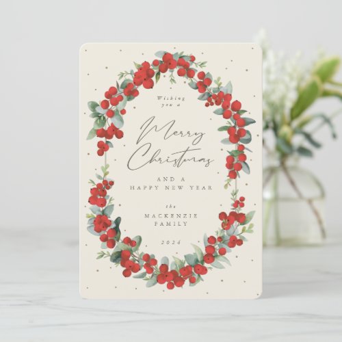 Red Berries  Eucalyptus Botanical Frame Christmas Holiday Card