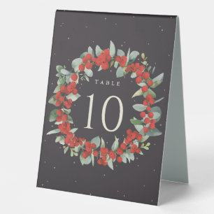 Red Berries+Eucalyptus Christmas Table Number Table Tent