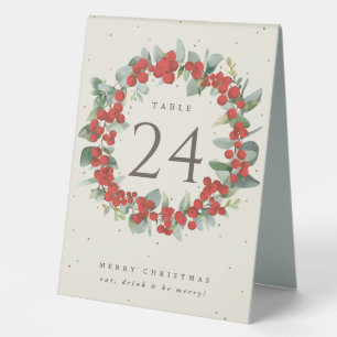 Red Berries+Eucalyptus Christmas Table Number Table Tent