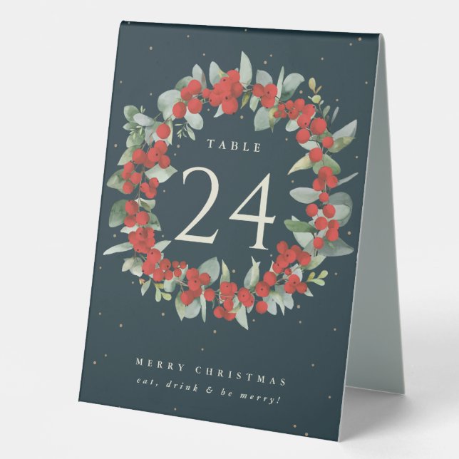 Red Berries+Eucalyptus Christmas Table Number Table Tent (Front)
