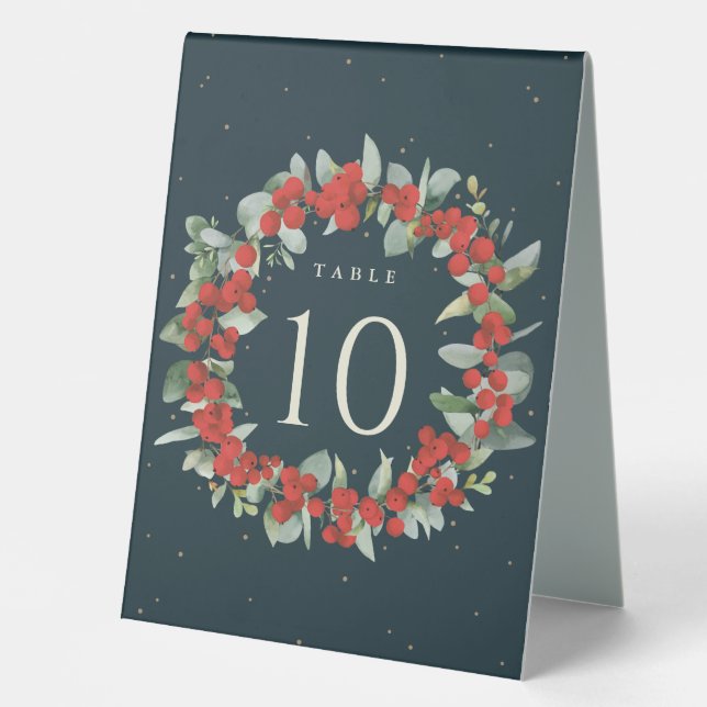 Red Berries+Eucalyptus Christmas Table Number Tent (Front)