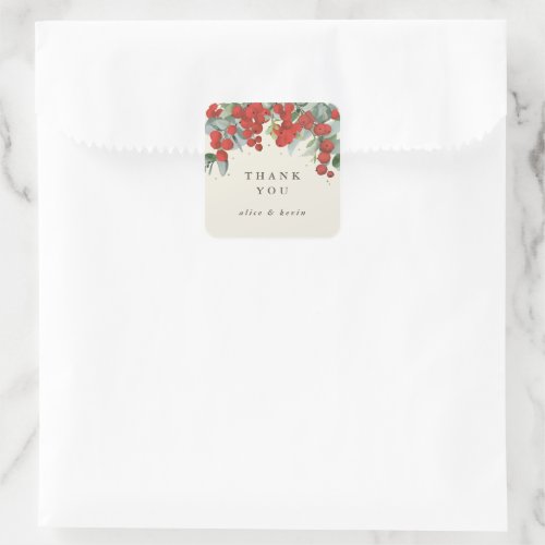 Red Berries  Eucalyptus Christmas Thank You Square Sticker