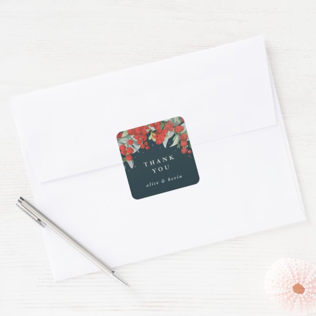 Red Berries + Eucalyptus Christmas Thank You Square Sticker (Envelope)