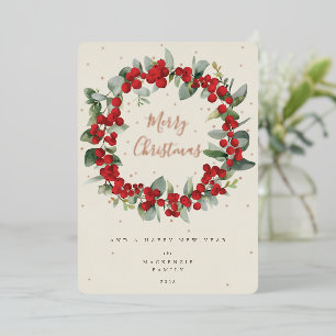 Red Berries+Eucalyptus Christmas Wreath Non-Photo Foil Holiday Card