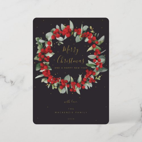 Red BerriesEucalyptus Christmas Wreath Non_Photo Foil Holiday Card