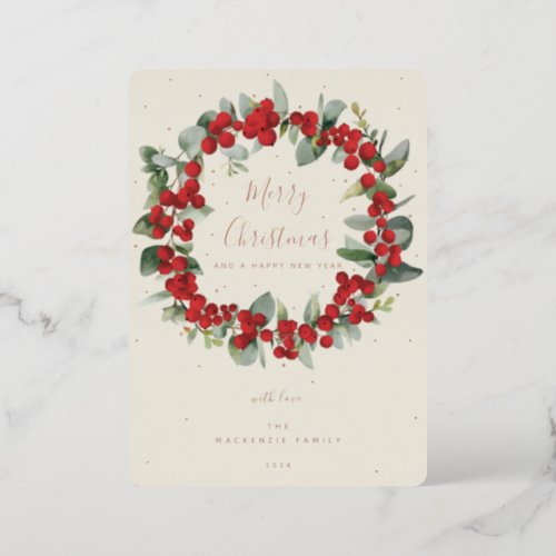 Red BerriesEucalyptus Christmas Wreath Non_Photo Foil Holiday Card