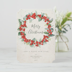 Red Berries+Eucalyptus Christmas Wreath Non-Photo Holiday Card