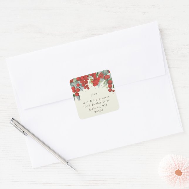 Red Berries + Eucalyptus Holiday Address Classic Square Sticker (Envelope)