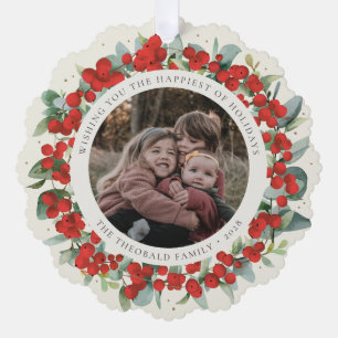 Red Berries + Eucalyptus Holiday Wreath Photo  Ornament Card