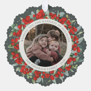 Red Berries + Eucalyptus Holiday Wreath Photo  Ornament Card