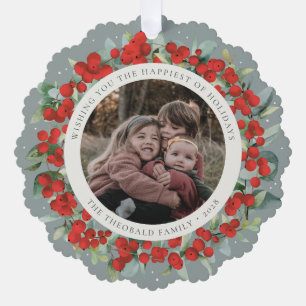 Red Berries + Eucalyptus Holiday Wreath Photo  Ornament Card
