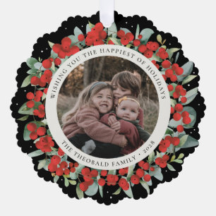 Red Berries + Eucalyptus Holiday Wreath Photo  Ornament Card
