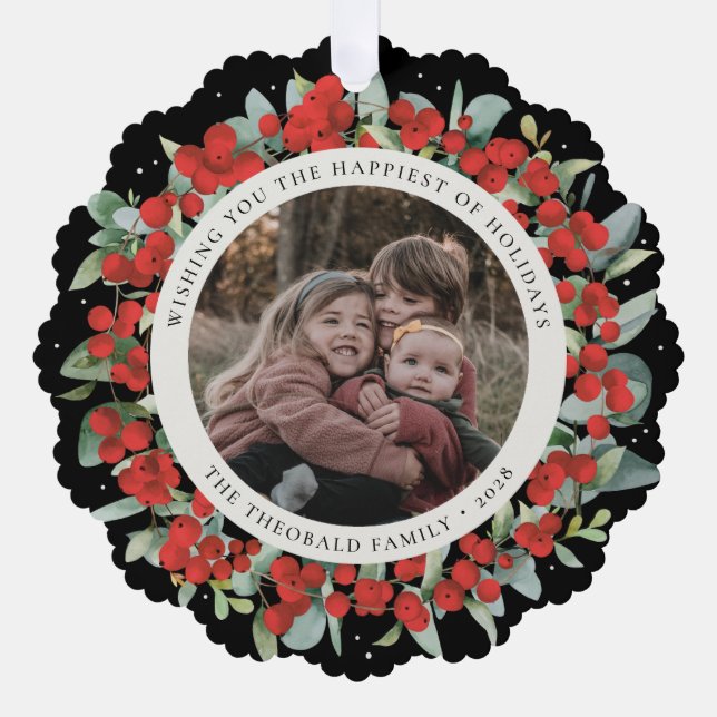 Red Berries + Eucalyptus Holiday Wreath Photo  Ornament Card (Front)