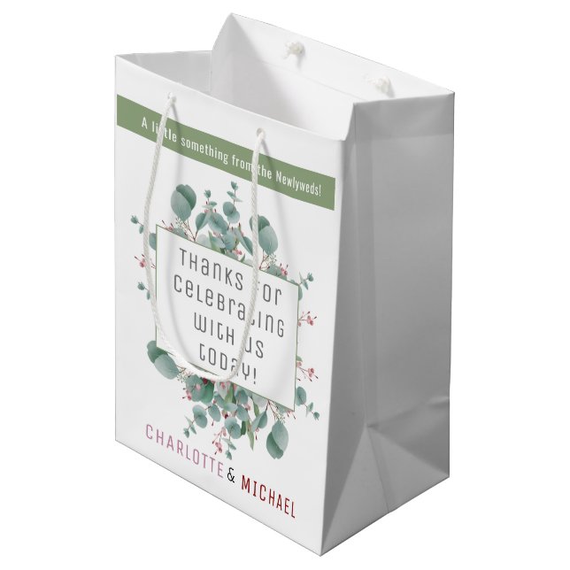 Red Berries & Eucalyptus Wedding Gift Bag (Front Angled)