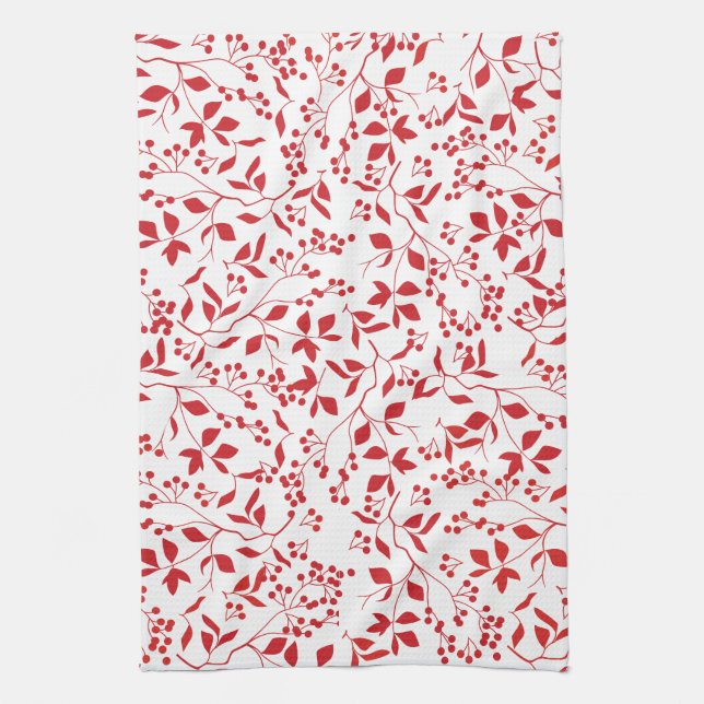 Red Berries Floral Christmas Tea Towel (Vertical)