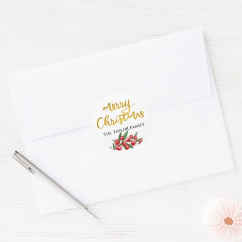 Red Berries Gold Merry Christmas Calligraphy  Classic Round Sticker
