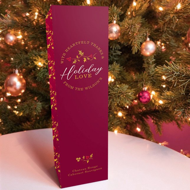 Red berries golden holly leaves Christmas love Wine Box (Creator Uploaded)